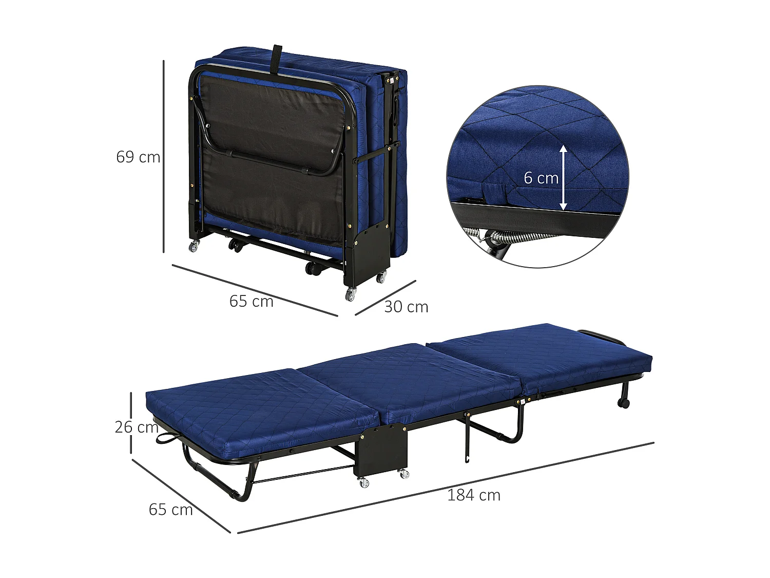 Cama plegable para invitados 184x65x26cm en acero y espuma, cabezal regulable, ruedas, Azul