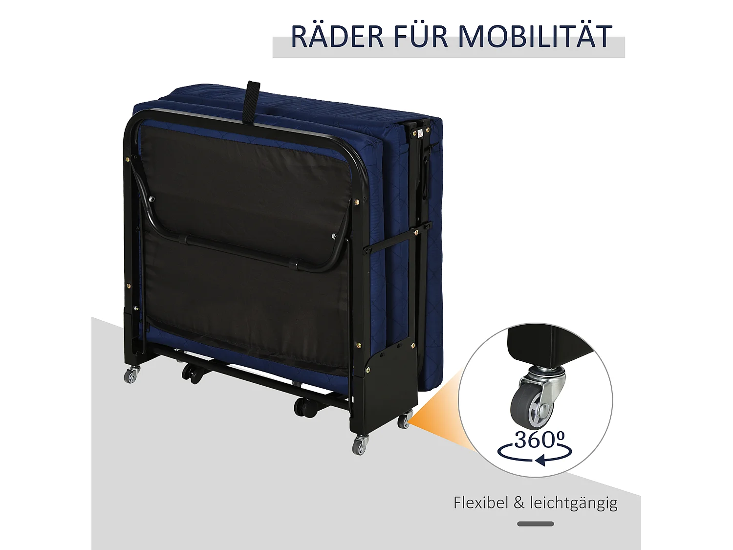 Cama plegable para invitados 184x65x26cm en acero y espuma, cabezal regulable, ruedas, Azul