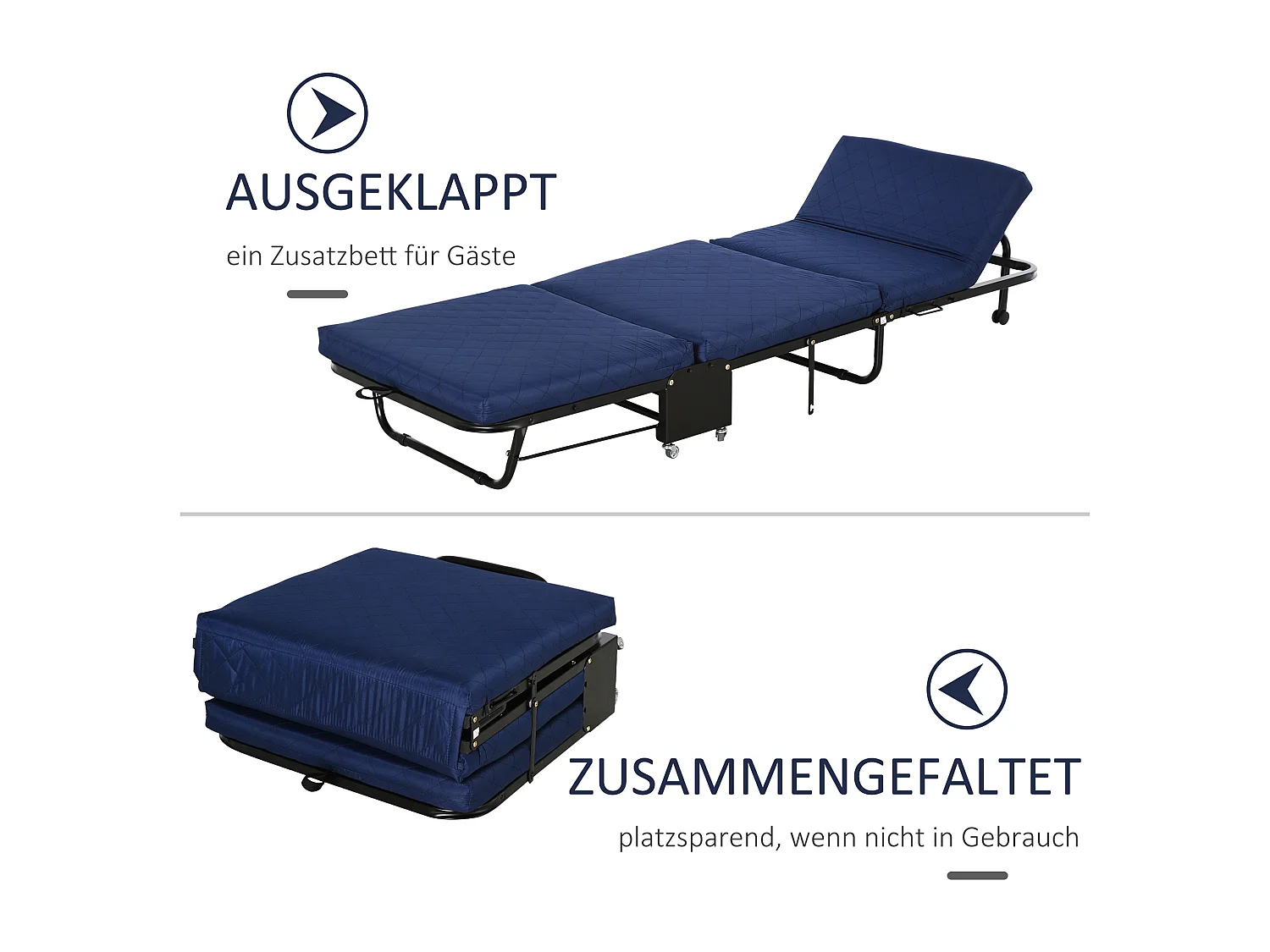 Cama plegable para invitados 184x65x26cm en acero y espuma, cabezal regulable, ruedas, Azul