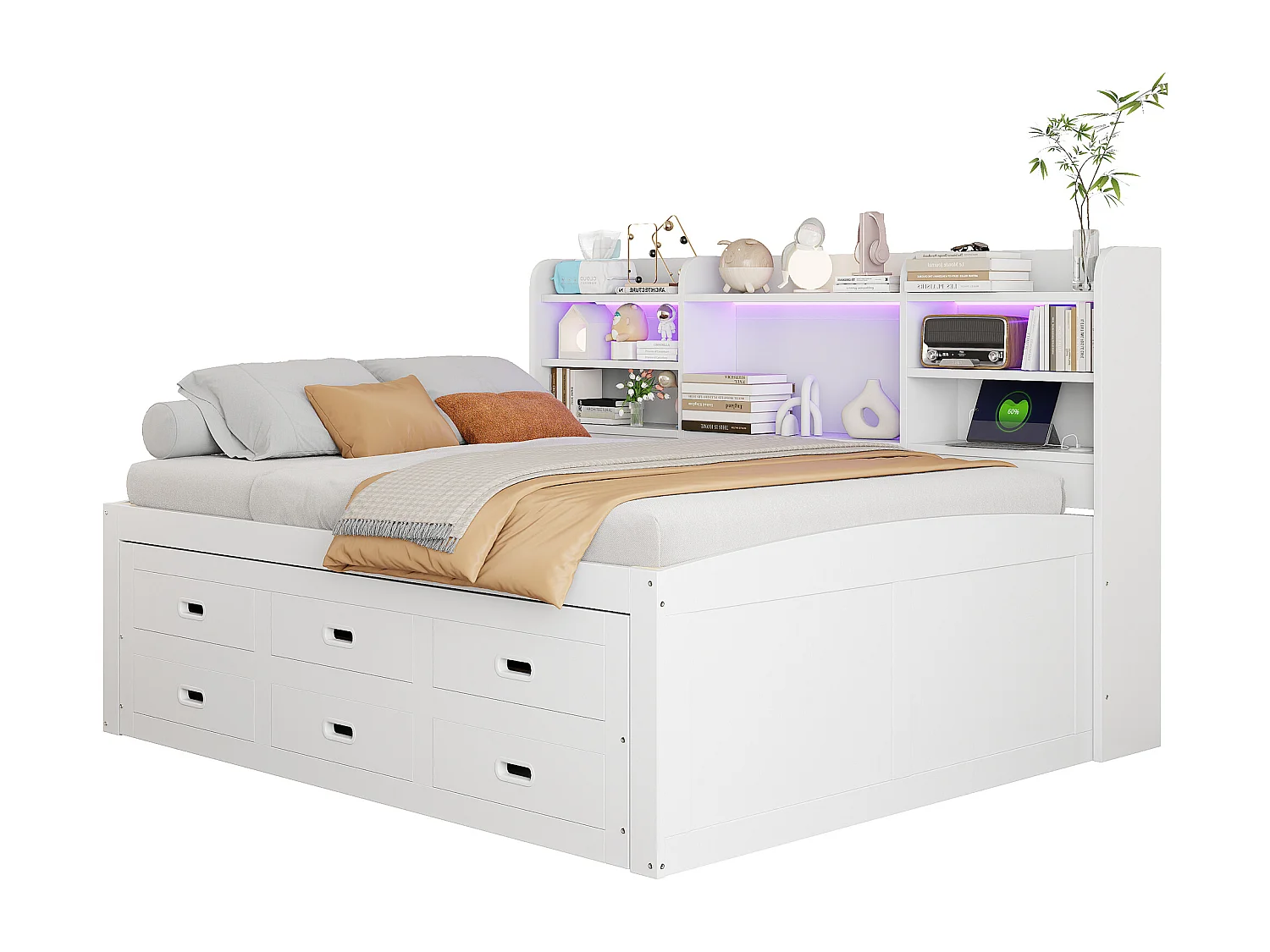 Sofá-cama multifuncional LED 140x200 com gavetas, mesa, USB + Tipo C, branco