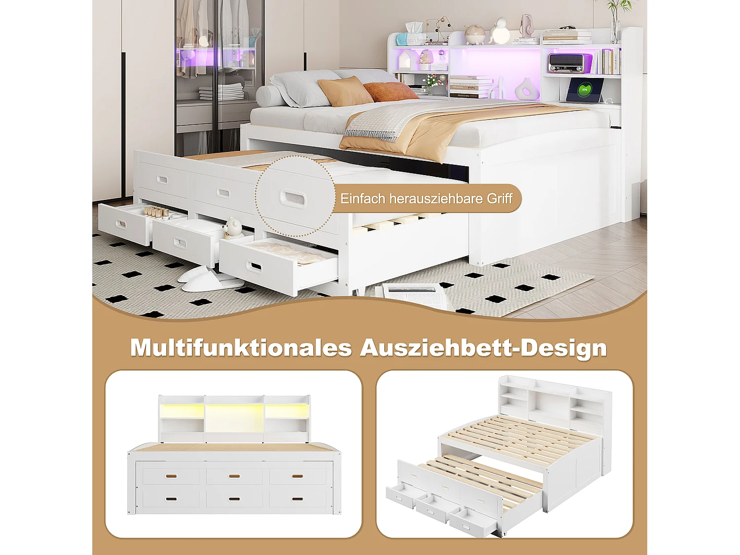 Sofá-cama multifuncional LED 140x200 com gavetas, mesa, USB + Tipo C, branco