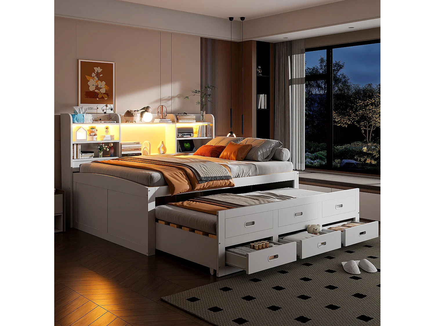 Sofá cama multifunción LED de 140 x 200 cm con cajones, escritorio, USB + Tipo C, blanco