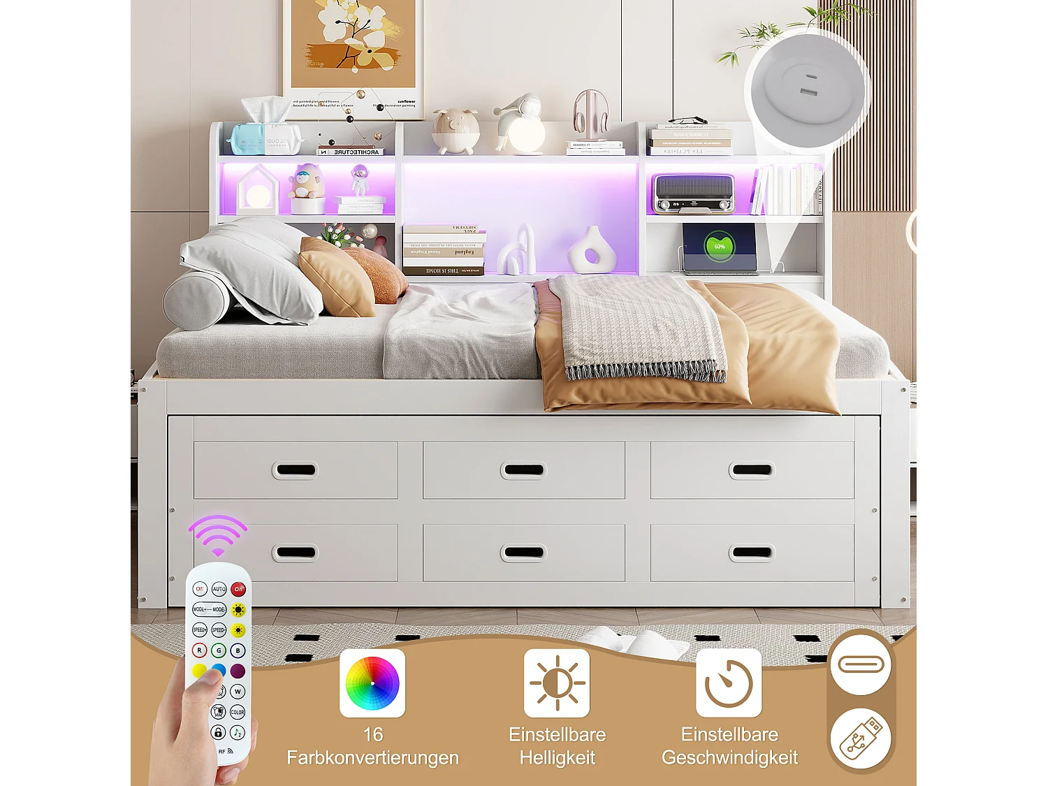 Sofá cama multifunción LED de 140 x 200 cm con cajones, escritorio, USB + Tipo C, blanco