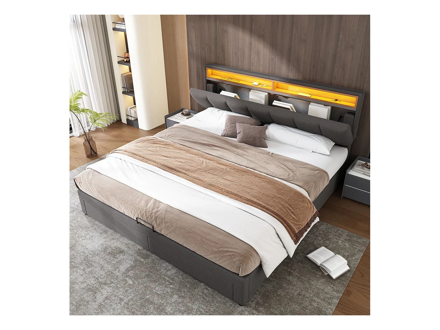 Cama de casal 160x200 linho cinza com caixa de armazenamento LED e gavetas de armazenamento hidráulicas