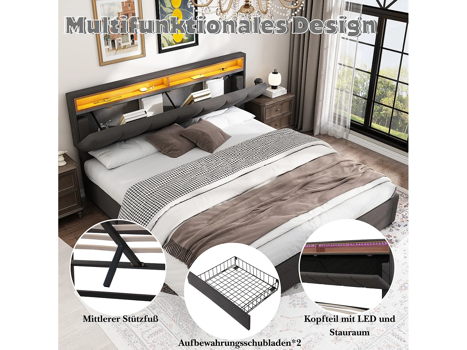 Cama de casal 160x200 linho cinza com caixa de armazenamento LED e gavetas de armazenamento hidráulicas