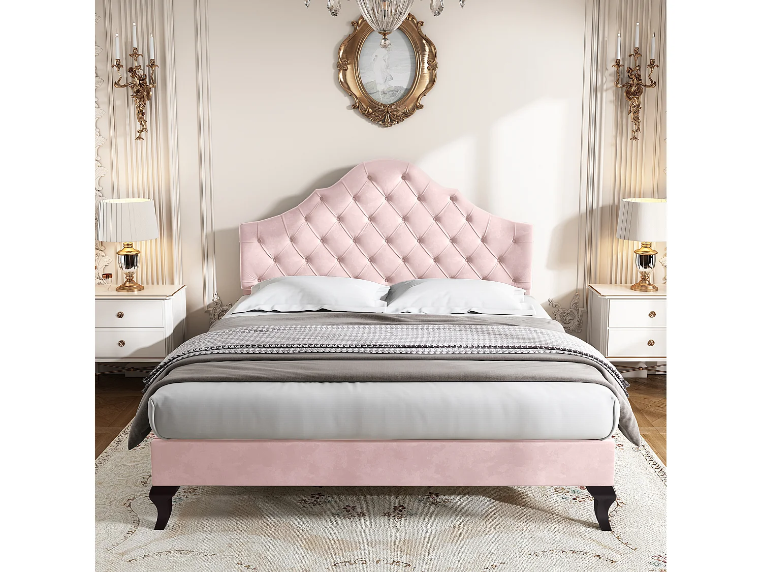 Cama de veludo rosa 140x200 cm com cabeceira ajustável e estrado de ripas para adultos e jovens