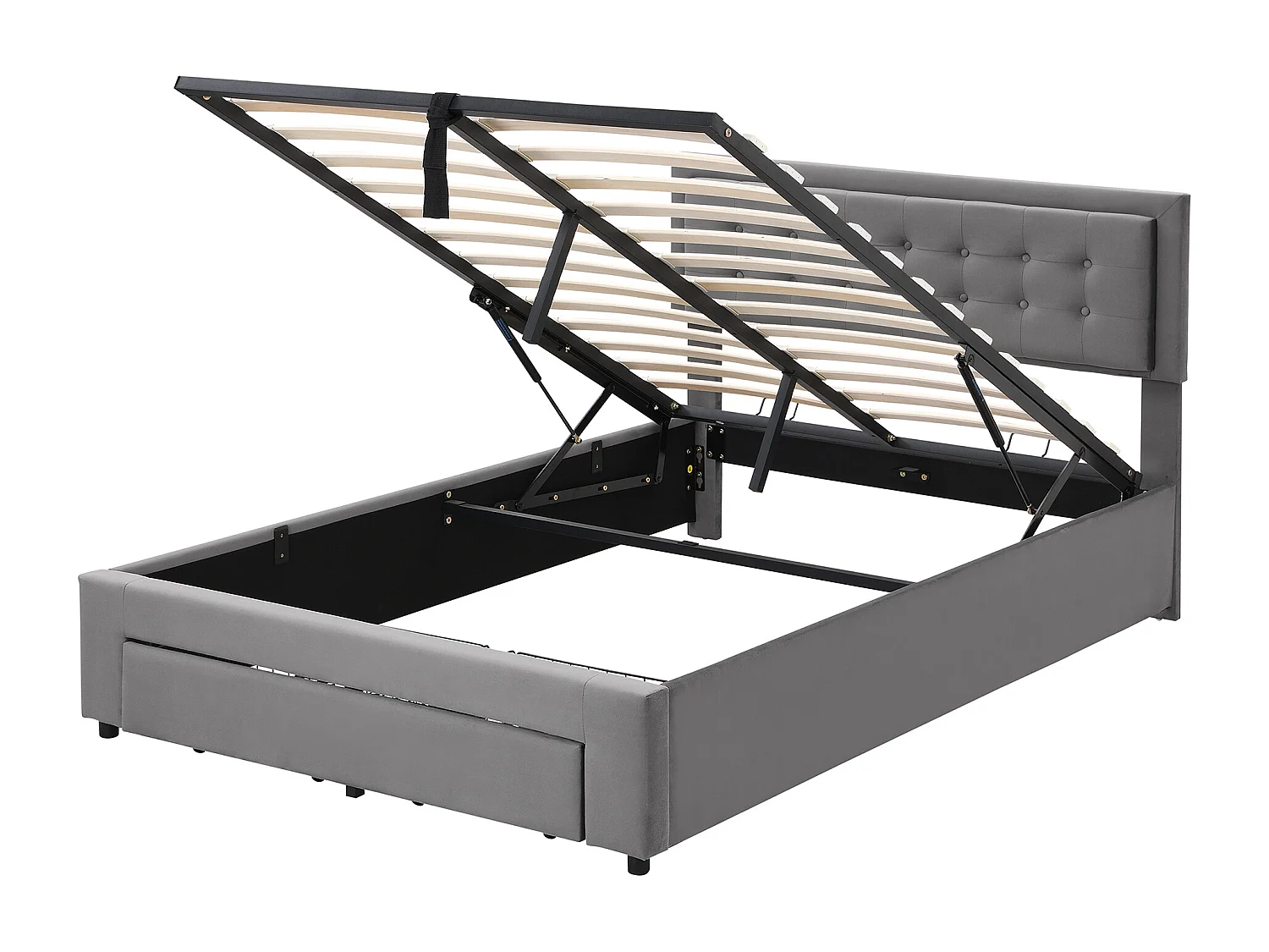 Lit 140x200 cm velours gris avec rangement hydraulique et tiroirs, tête de lit rembourrée