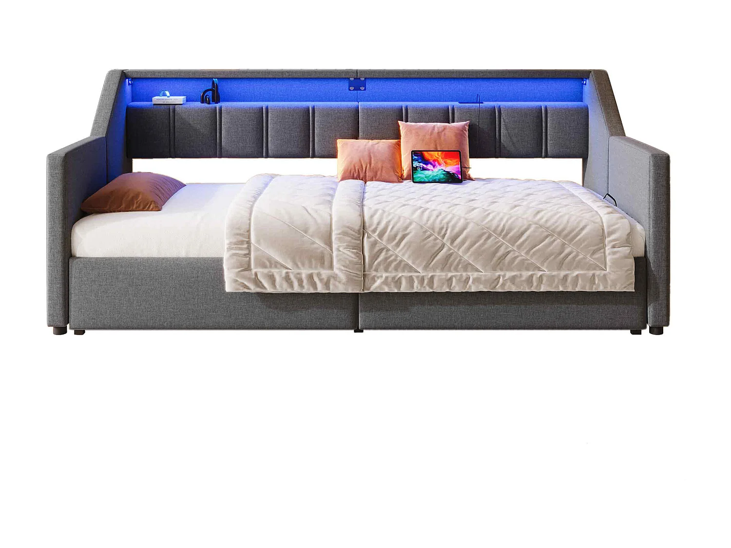 Daybed 90x200 tessuto grigio LED USB Type-C 2 posizioni Rangement Lit estensibile multifunzione