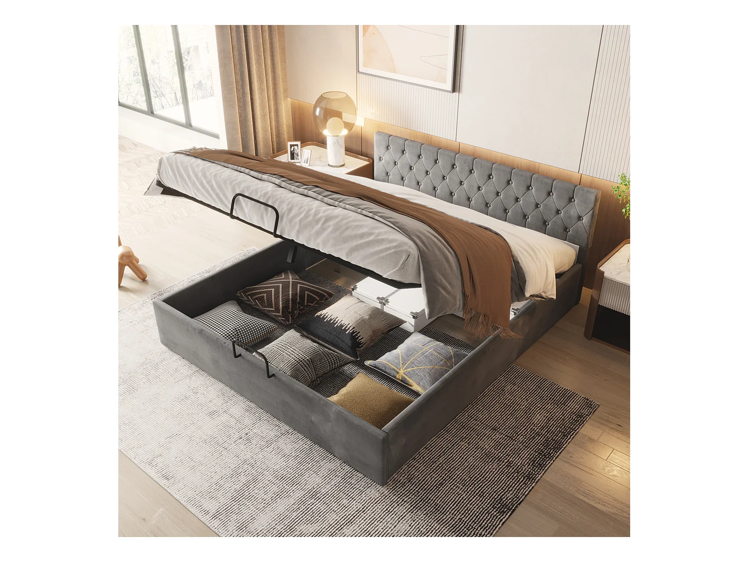 Letto matrimoniale 180x200 cm in velluto grigio con testa capitonnée e cassettone idraulico