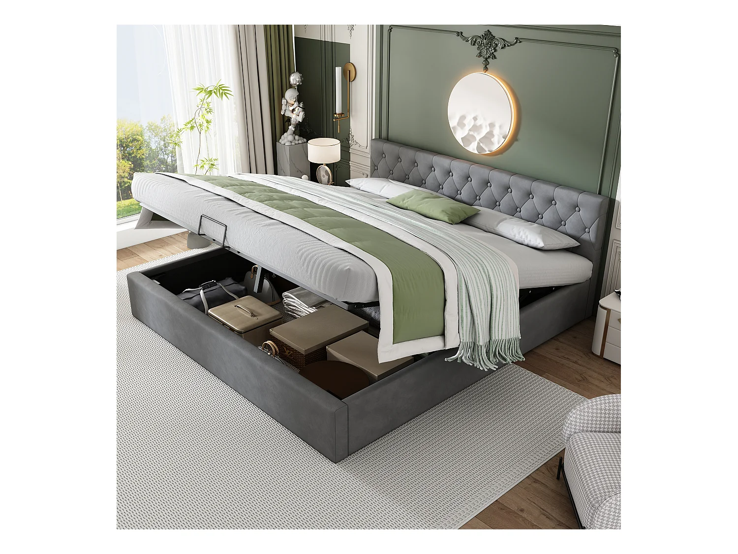 Letto matrimoniale 180x200 cm in velluto grigio con testa capitonnée e cassettone idraulico