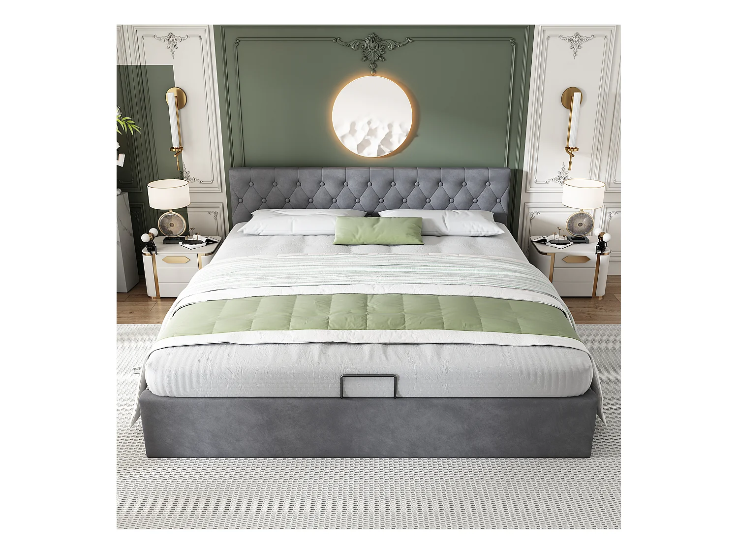 Letto matrimoniale 180x200 cm in velluto grigio con testa capitonnée e cassettone idraulico