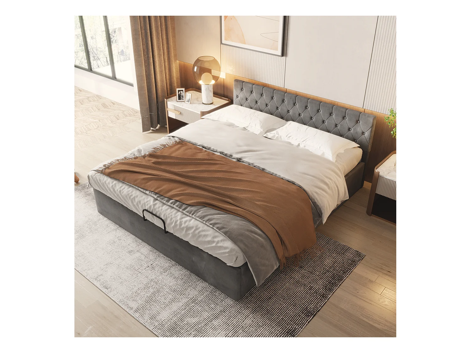 Letto matrimoniale 180x200 cm in velluto grigio con testa capitonnée e cassettone idraulico