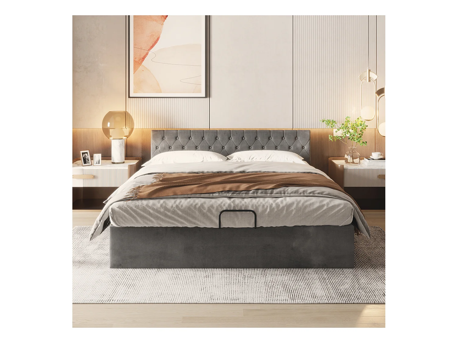 Letto matrimoniale 180x200 cm in velluto grigio con testa capitonnée e cassettone idraulico
