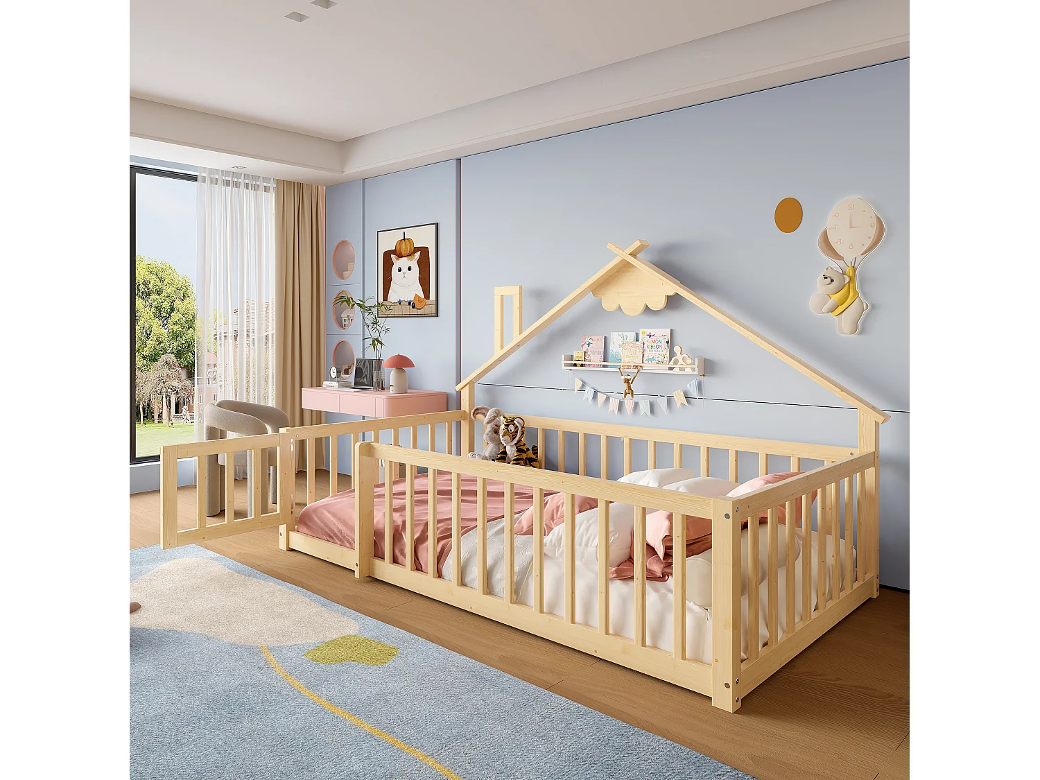Lit enfant 90x190 cm bois massif maison avec garde-corps sécurisé naturel