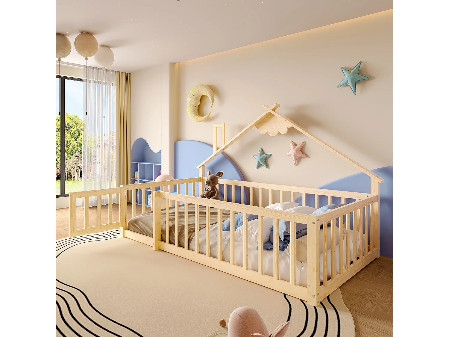 Lit enfant 90x190 cm bois massif maison avec garde-corps sécurisé naturel