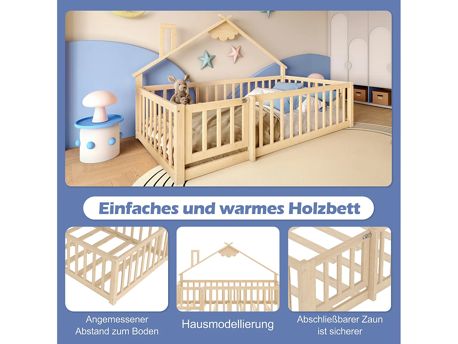 Lit enfant 90x190 cm bois massif maison avec garde-corps sécurisé naturel