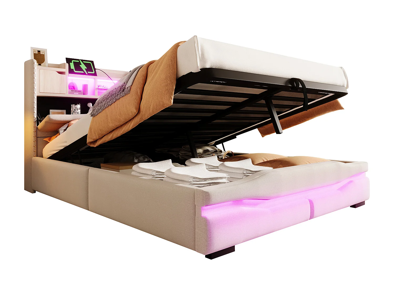 Tavolino illuminato 140x200 in tessuto MDF con sistema idraulico LED e USB beige