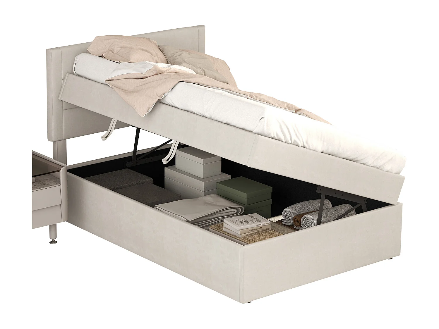 Cama individual 90x200 de tela con canapé y base de metal beige