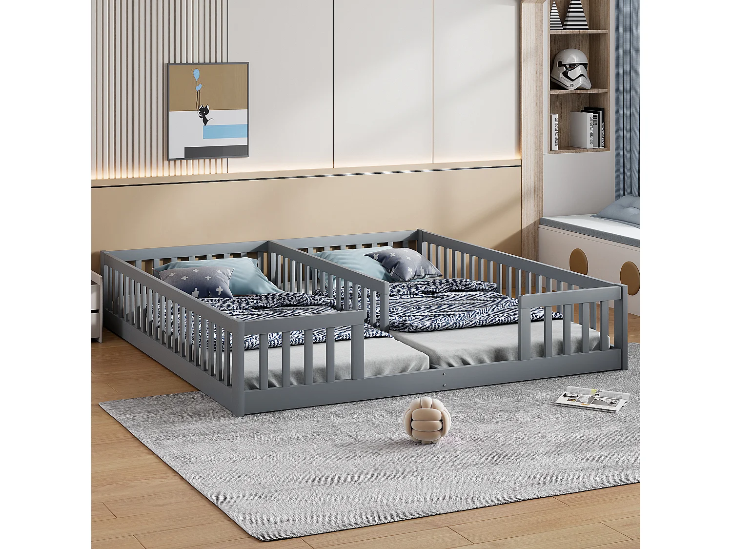 Lit enfant 90x200 cm pannello con barriera di sicurezza in legno massiccio, per 2 bambini, grigio
