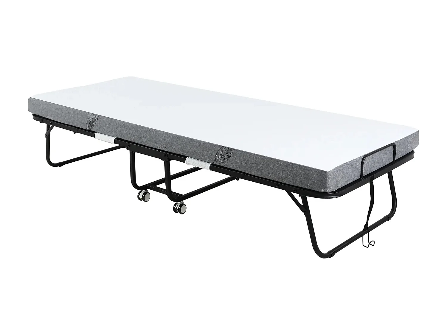 Cama de hóspedes dobrável 200x75x42,5cm em aço e espuma, com rodas, Branco e Preto