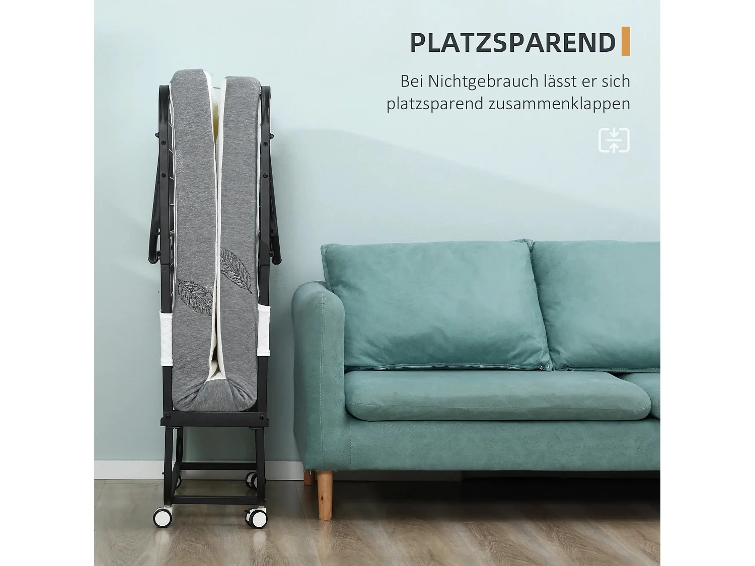 Cama de hóspedes dobrável 200x75x42,5cm em aço e espuma, com rodas, Branco e Preto