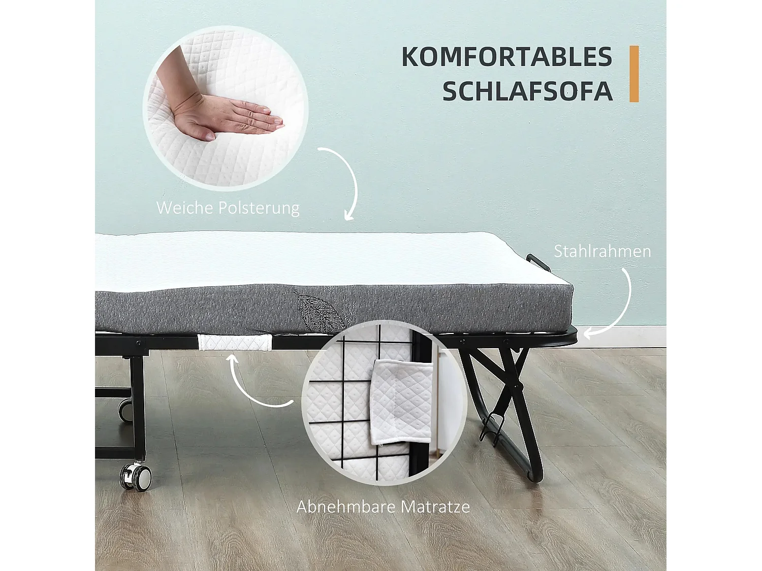 Cama de hóspedes dobrável 200x75x42,5cm em aço e espuma, com rodas, Branco e Preto