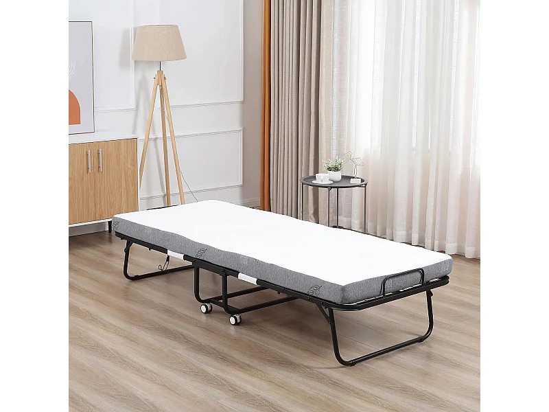 Lit d'appoint pliant 200x75x42,5cm in acciaio e mousse, con roulette, Blanc et Noir