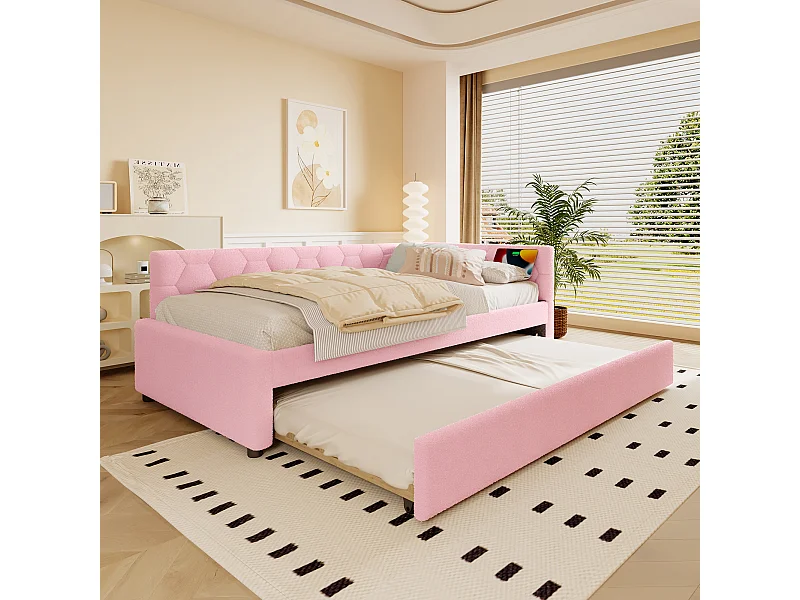 Cama nido 90x200 cm Vliesimitat con cajón extensible, lámpara integrada, USB y Tipo-C, rosa