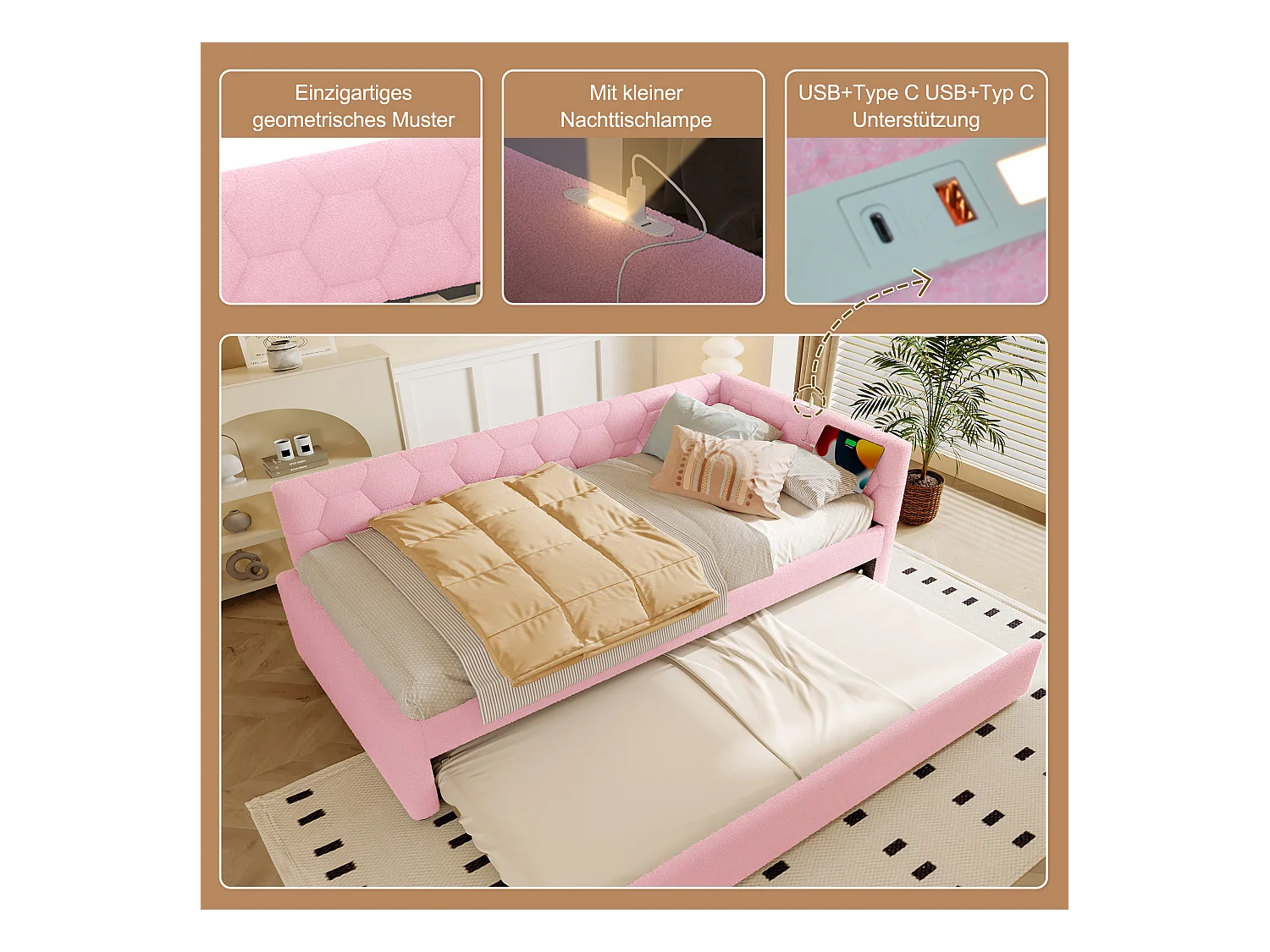 Lit gigogne 90x200 cm Vliesimitat avec tiroir extensible, lampe intégrée, USB et Type-C, rosa