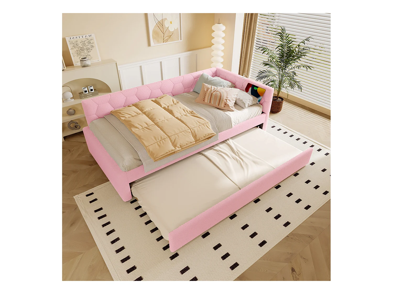 Lit gigogne 90x200 cm Vliesimitat avec tiroir extensible, lampe intégrée, USB et Type-C, rosa