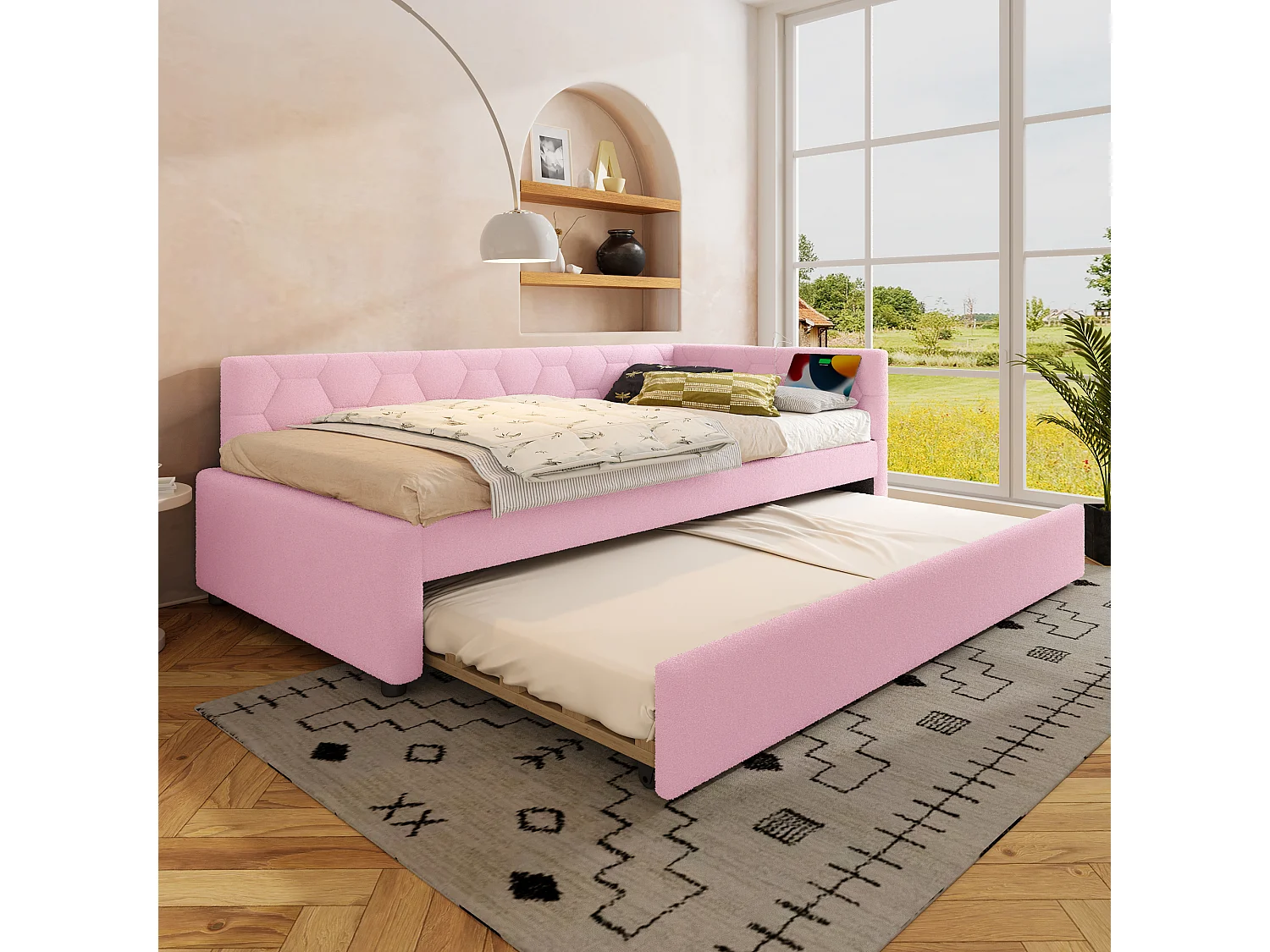 Lit gigogne 90x200 cm Vliesimitat avec tiroir extensible, lampe intégrée, USB et Type-C, rosa