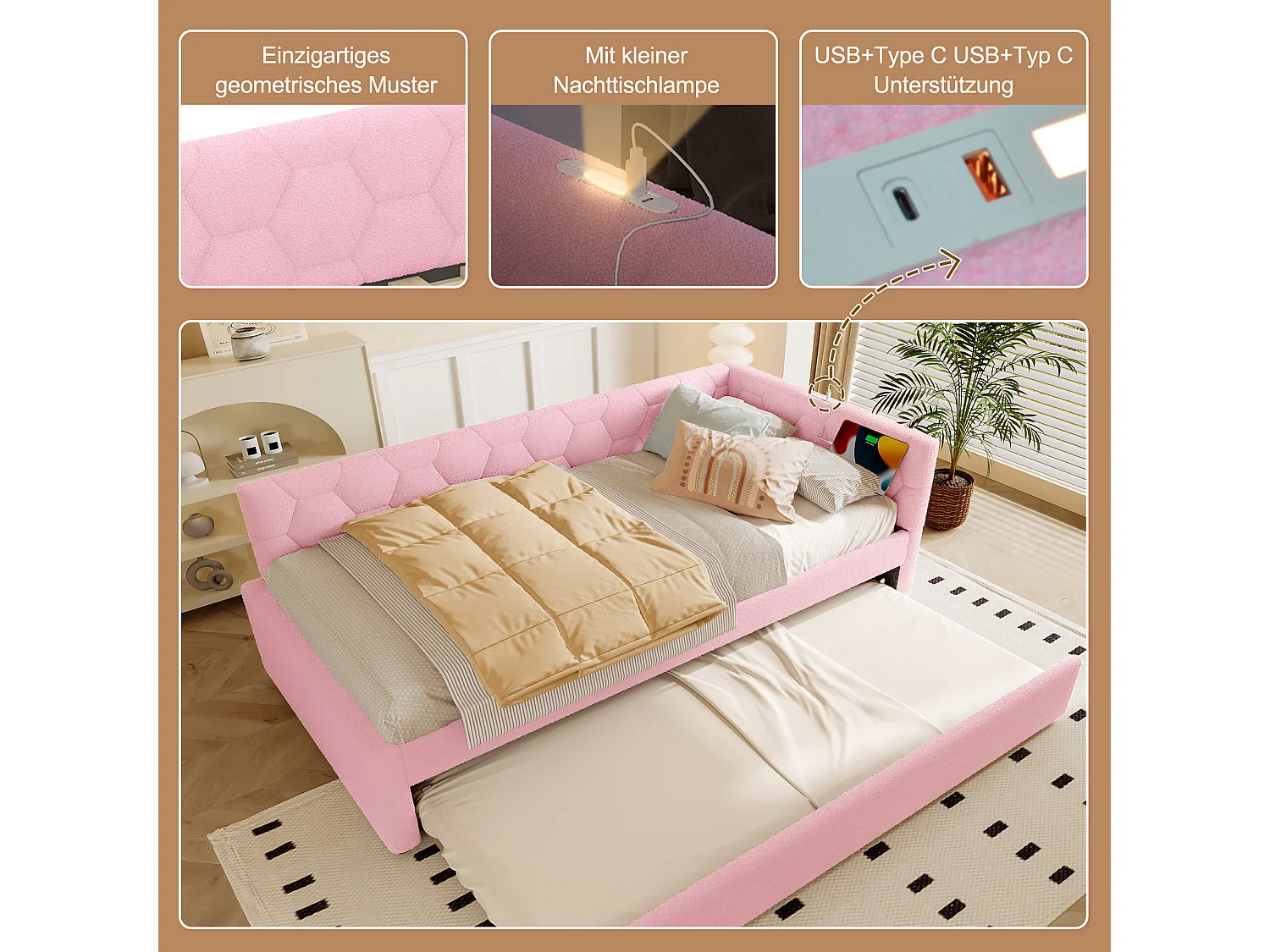 Cama nido 90x200 cm Vliesimitat con cajón extensible, lámpara integrada, USB y Tipo-C, rosa