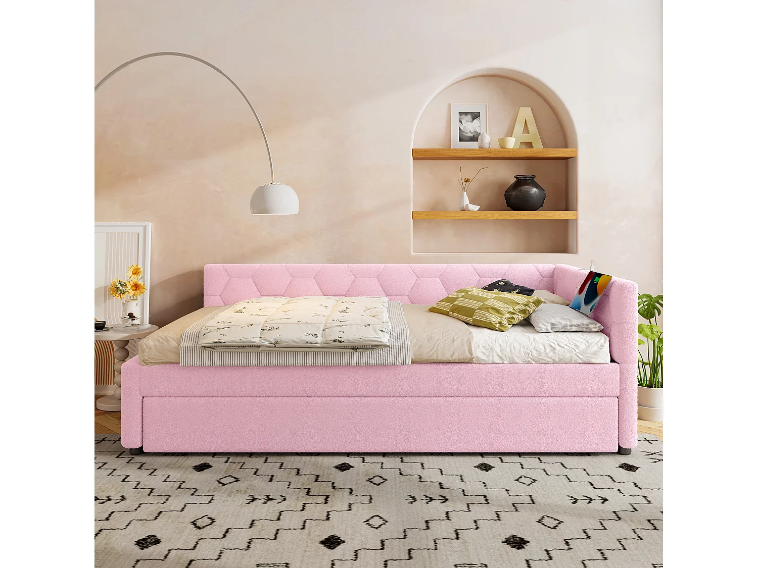 Cama nido 90x200 cm Vliesimitat con cajón extensible, lámpara integrada, USB y Tipo-C, rosa