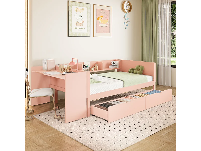 Lit enfant 90x200 cm bois avec Bureau et tiroirs rose