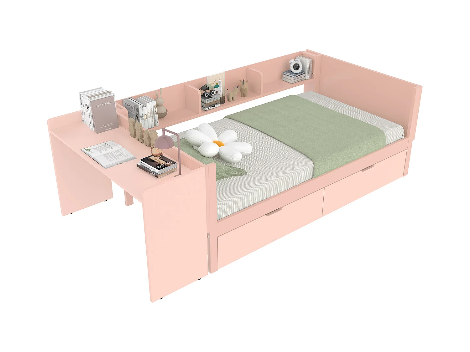 Lit enfant 90x200 cm bois avec Bureau et tiroirs rose