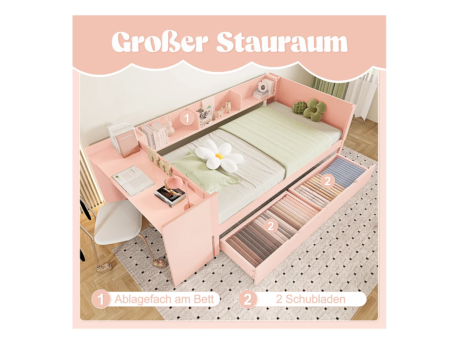 Lit enfant 90x200 cm bois avec Bureau et tiroirs rose