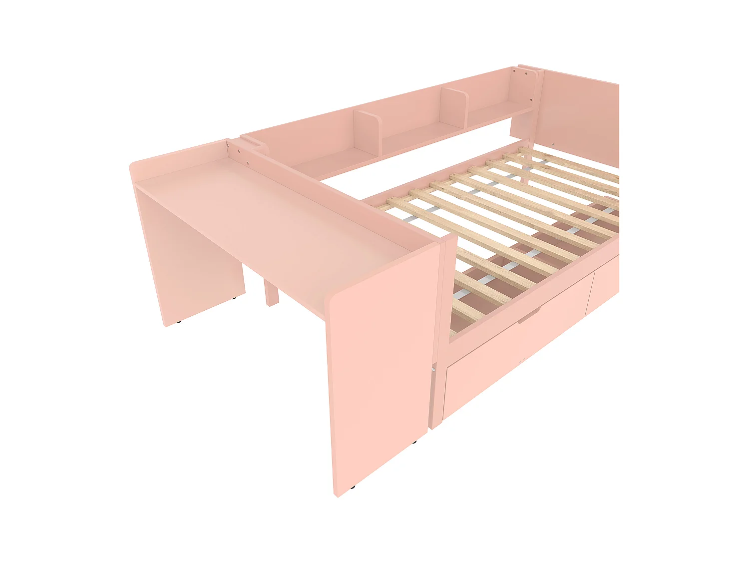 Lit enfant 90x200 cm bois avec Bureau et tiroirs rose