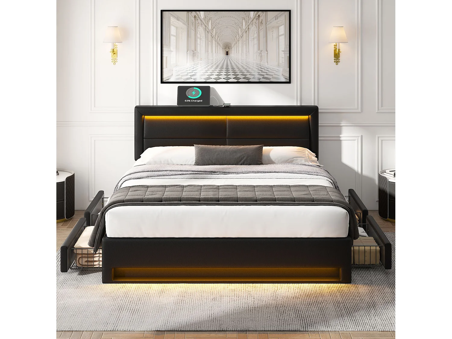 Cama estofada 140x200 cm PU com LED, portas USB, 4 gavetas, arrumação de quarto preta