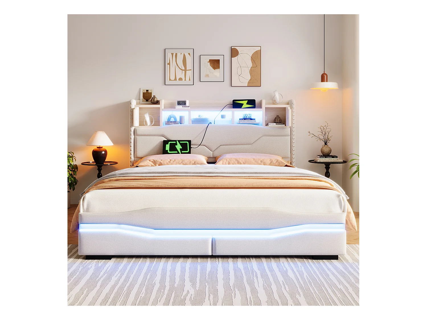 Cama canapé 160x200 tela MDF LED USB Cabecero canapé hidráulico beige