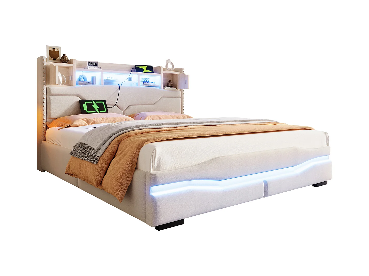 Cama canapé 160x200 tela MDF LED USB Cabecero canapé hidráulico beige