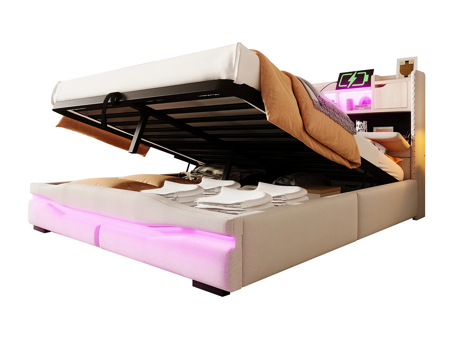 Caffetteria illuminata 160x200 tessuto MDF LED USB Gamma idraulica testa illuminata beige