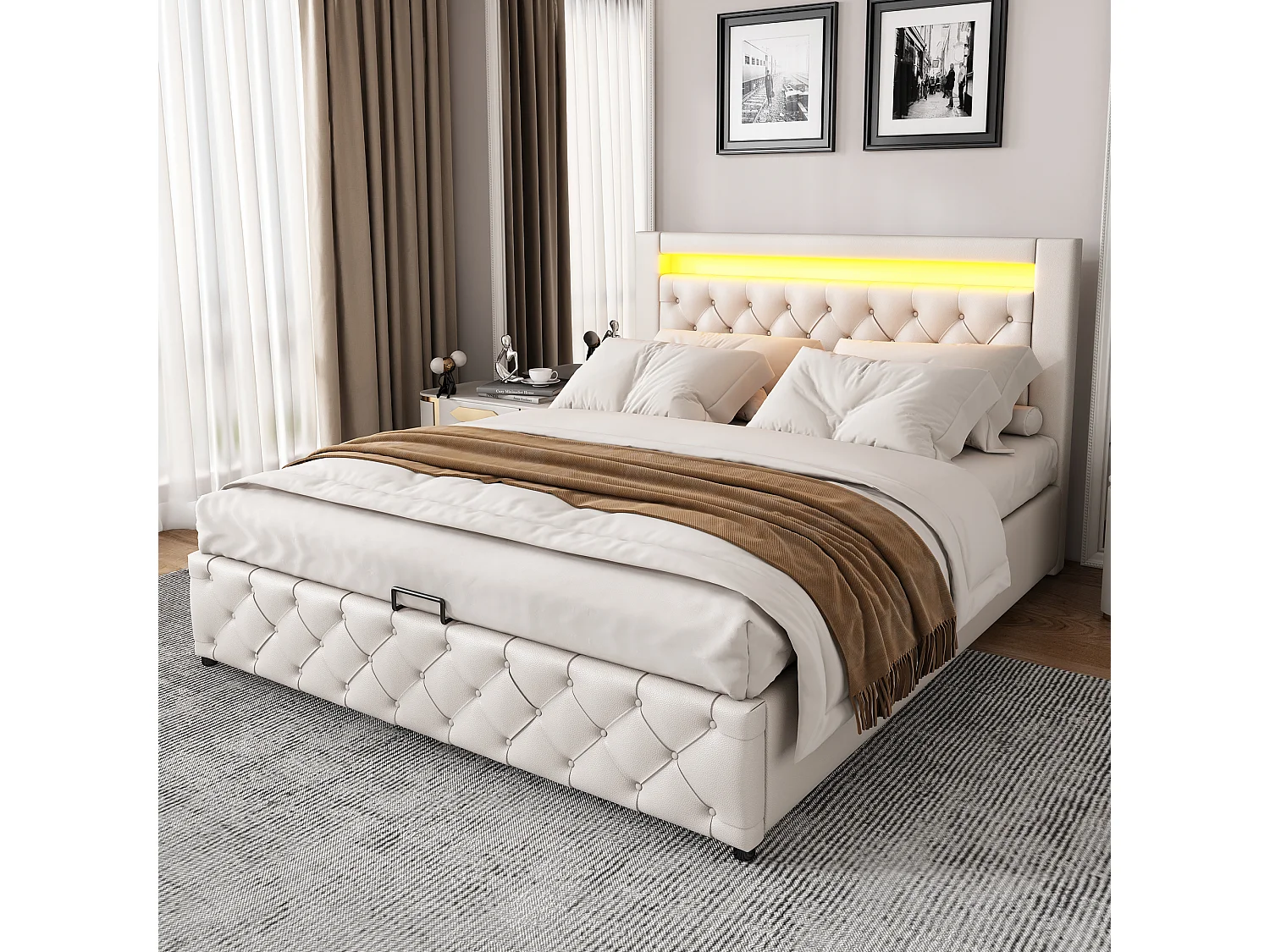 Cama funcional de PU branca 140x200 cm com estrado de ripas, arrumação e LED para quarto