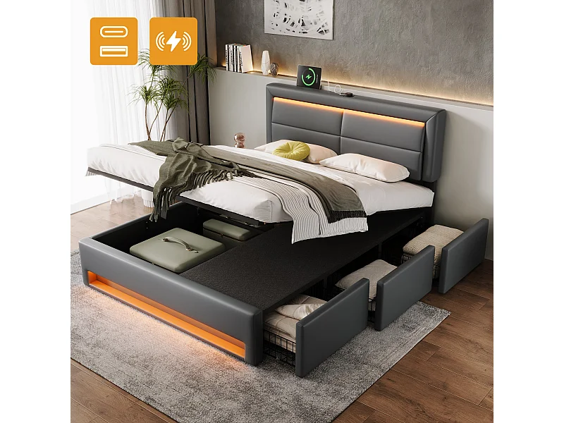 Illuminato rembourré 140x190 cm PU idraulico LED porta USB 3 tiroirs grigio senza matelas