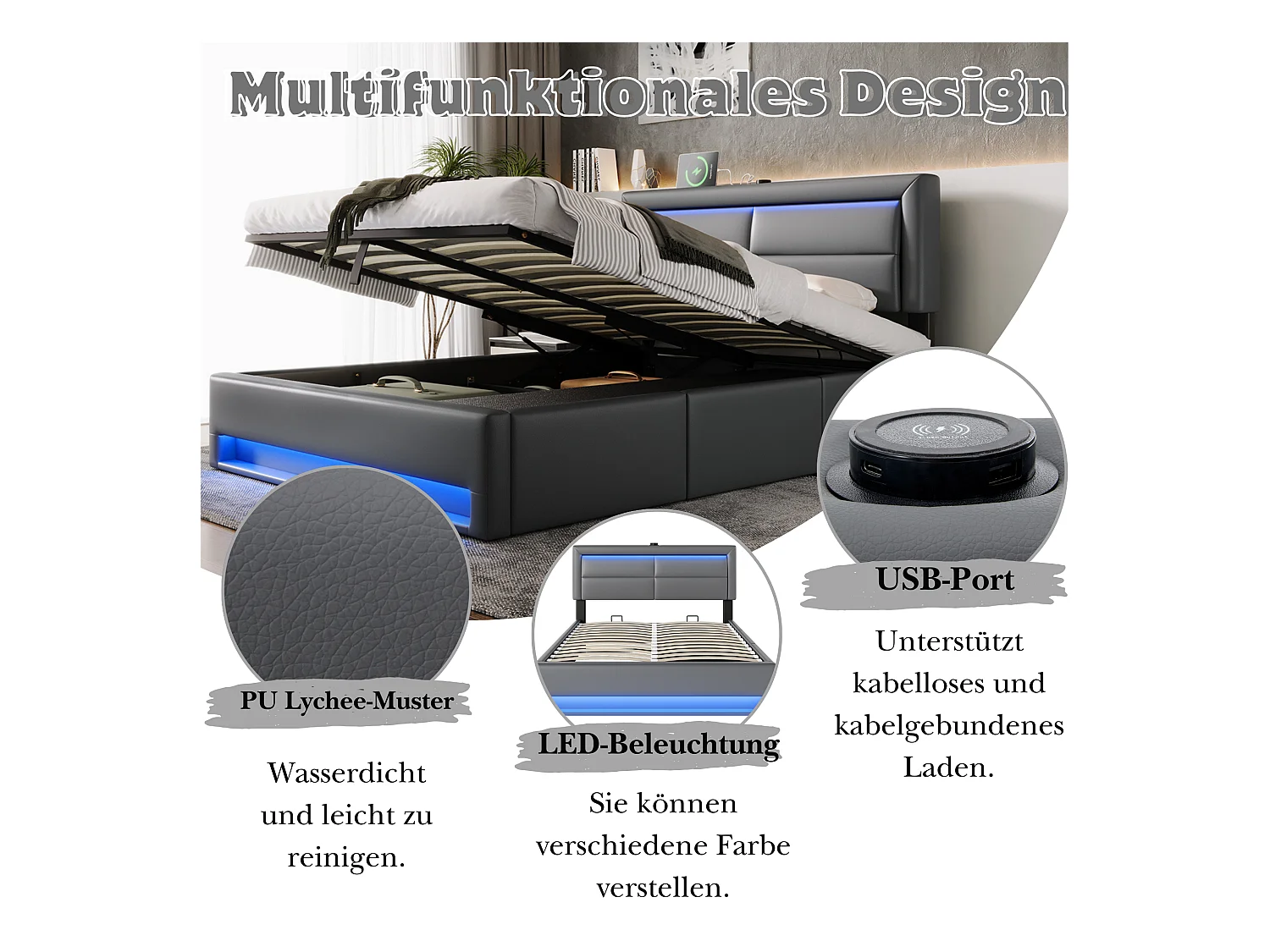 Illuminato rembourré 140x190 cm PU idraulico LED porta USB 3 tiroirs grigio senza matelas