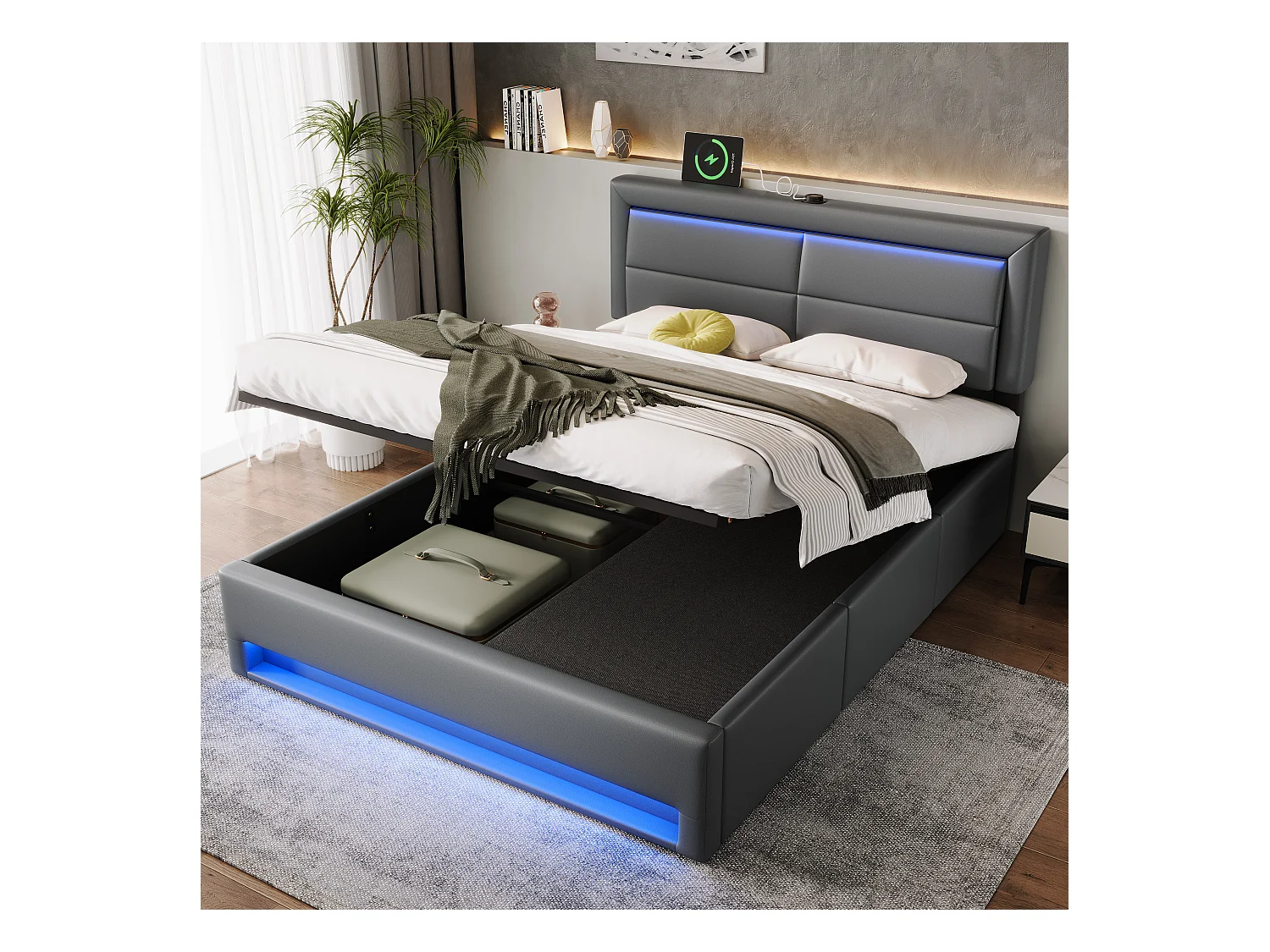Illuminato rembourré 140x190 cm PU idraulico LED porta USB 3 tiroirs grigio senza matelas