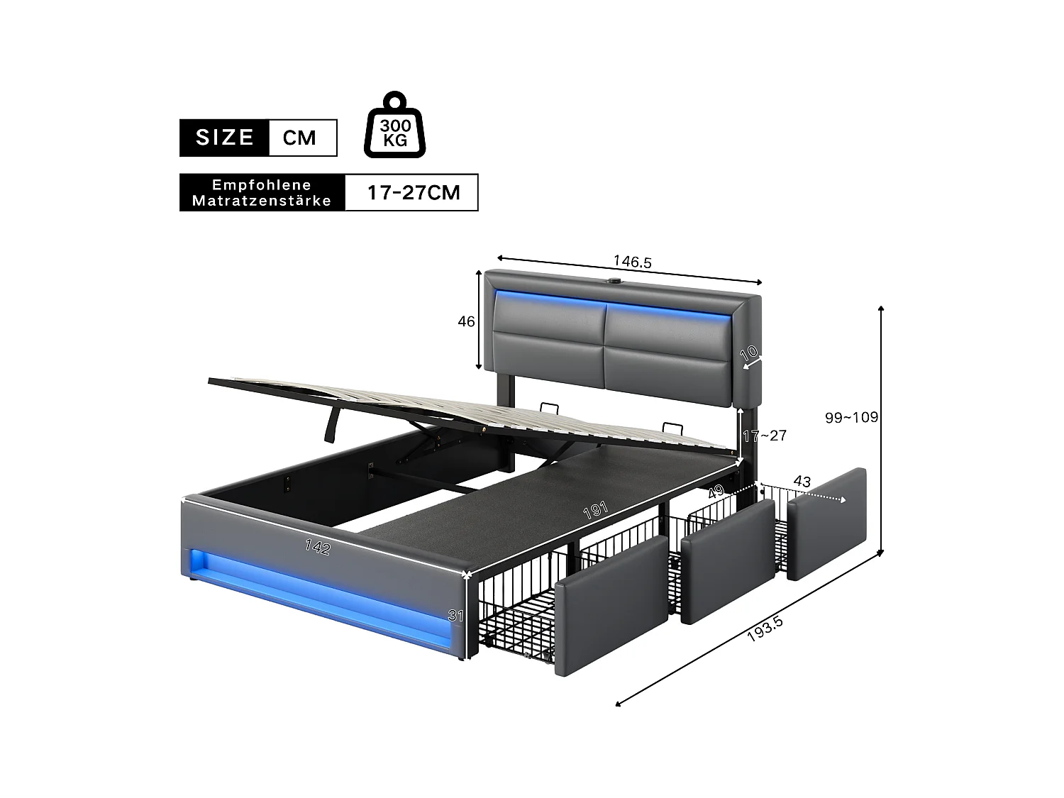 Illuminato rembourré 140x190 cm PU idraulico LED porta USB 3 tiroirs grigio senza matelas