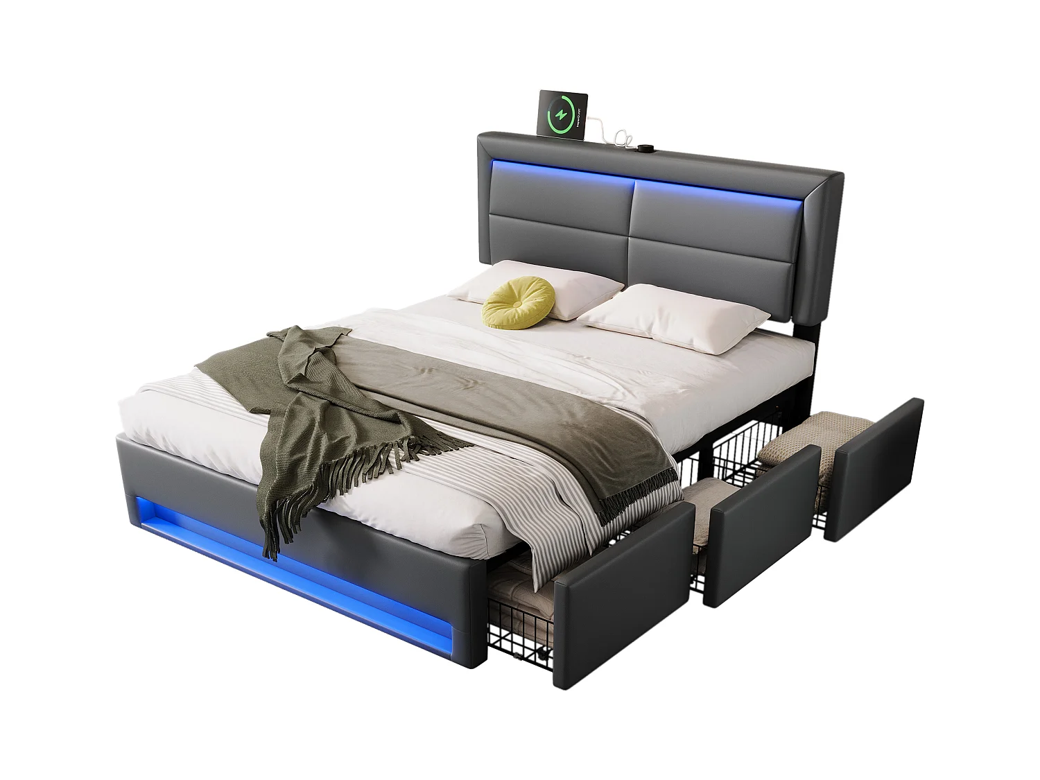 Illuminato rembourré 140x190 cm PU idraulico LED porta USB 3 tiroirs grigio senza matelas