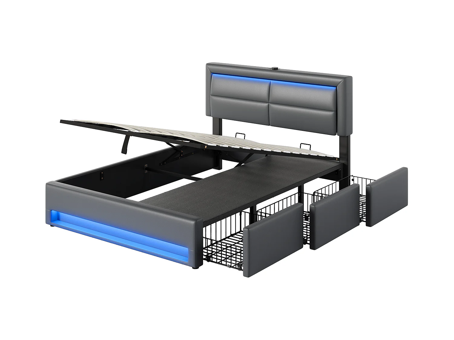 Illuminato rembourré 140x190 cm PU idraulico LED porta USB 3 tiroirs grigio senza matelas