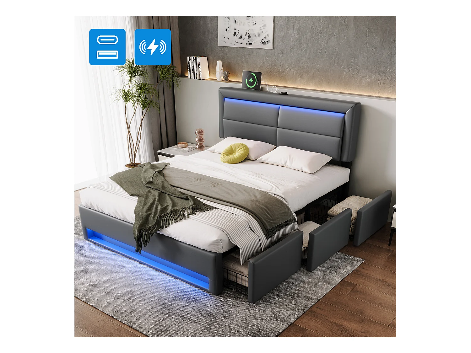 Cama tapizada 140x190 cm PU hidráulica LED puerto USB 3 cajones gris sin colchón