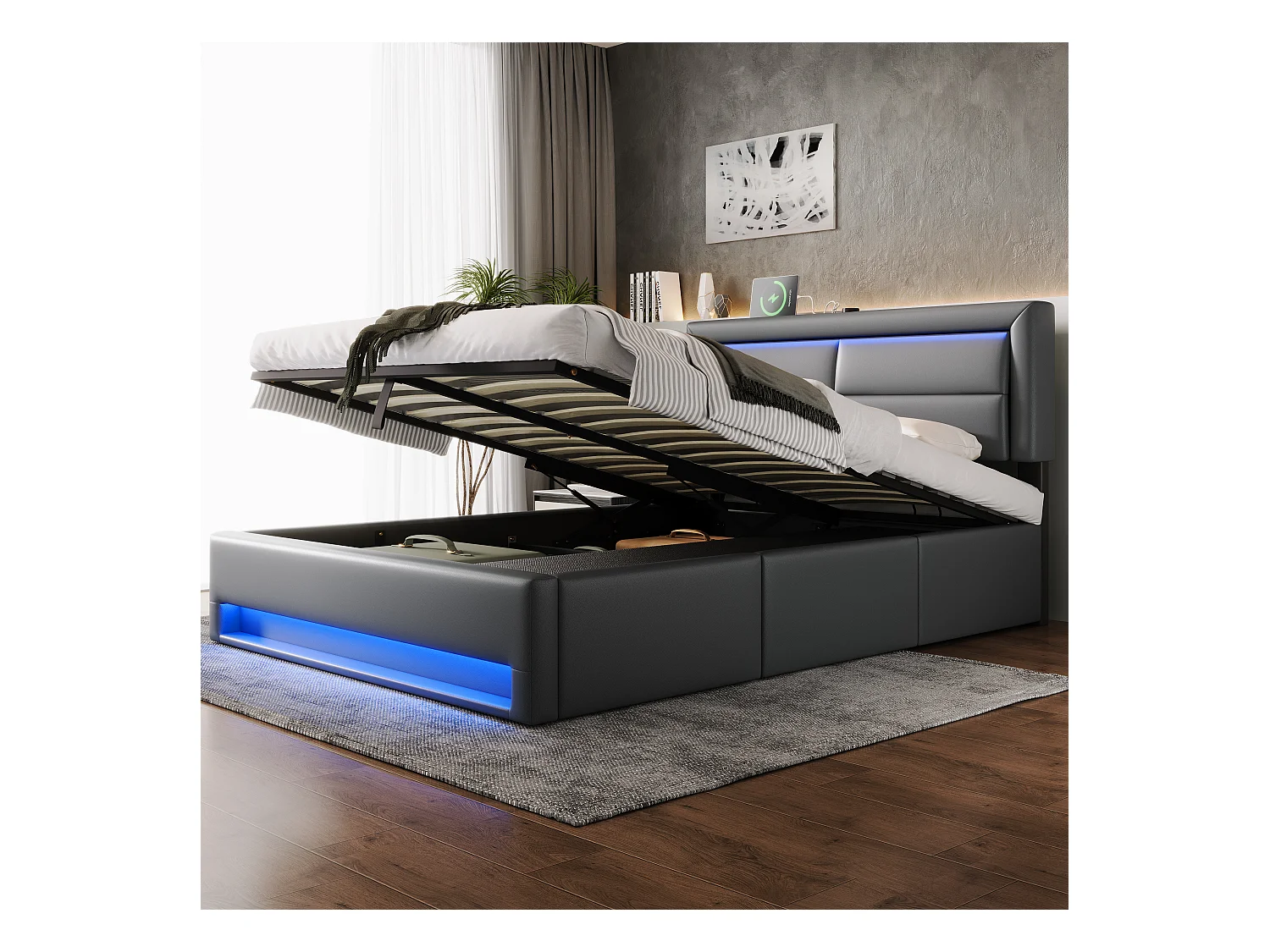 Cama tapizada 140x190 cm PU hidráulica LED puerto USB 3 cajones gris sin colchón